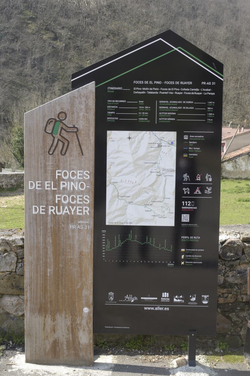 Cartel inicio ruta foces de El Pino y foces del río Aller, PR-AS 31